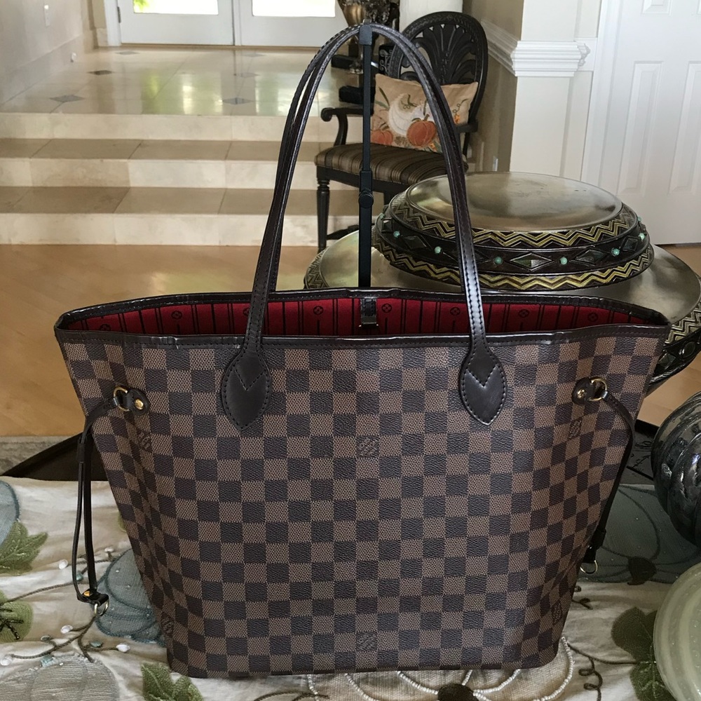 Louis Vuitton Damier Ebene Brown Tote with Red Interior